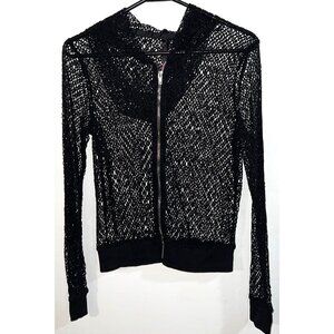 7 Til Midnight Black See-Through Knit Zipper Mesh Sweater with Hood For Women S
